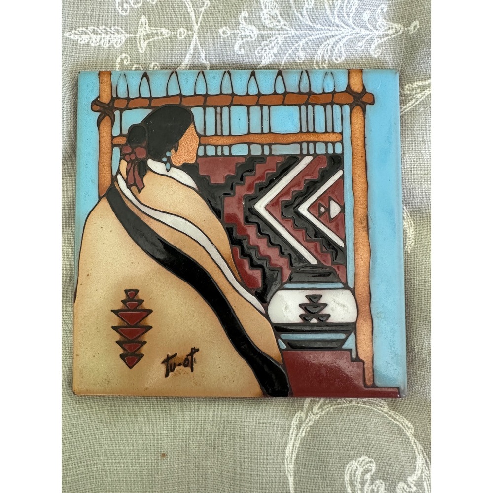 Vtg Tu-Oti Southwest Decorative Tile 6" Native American Weaver Wall Art